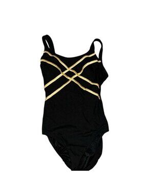 Slim Allure Womens Black & Gold Swimsuit Size 10 Nylon/Spandex Cross Strap Desig